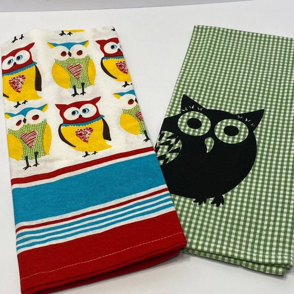 Two Vintage Kitchen Tea Towels Multi Excellent Bird Gingham Striped Retro